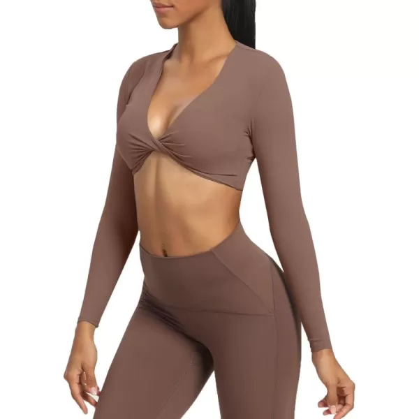 Aoxjox Long Sleeve Crop Tops for Women Sienna Twist Deep V Workout Crop T Shirt TopA Fudge Coffee