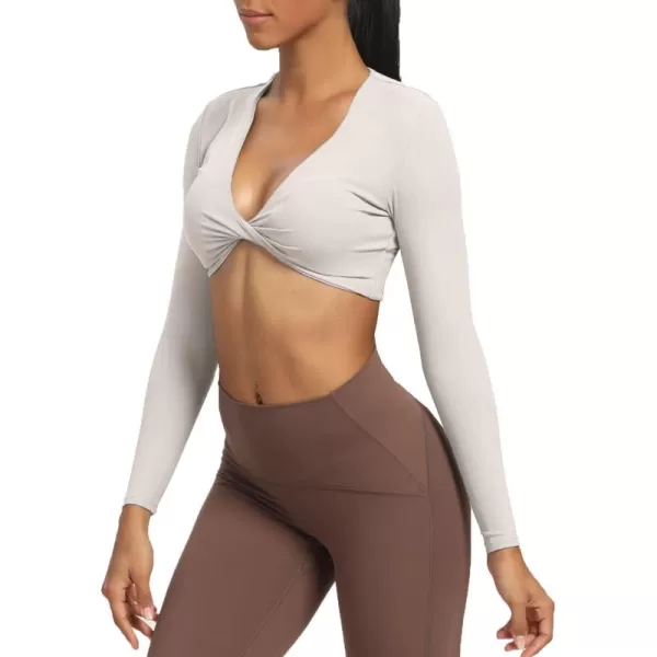 Aoxjox Long Sleeve Crop Tops for Women Sienna Twist Deep V Workout Crop T Shirt TopA Mink