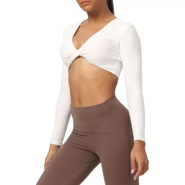 Aoxjox Long Sleeve Crop Tops for Women Sienna Twist Deep V Workout Crop T Shirt TopA White