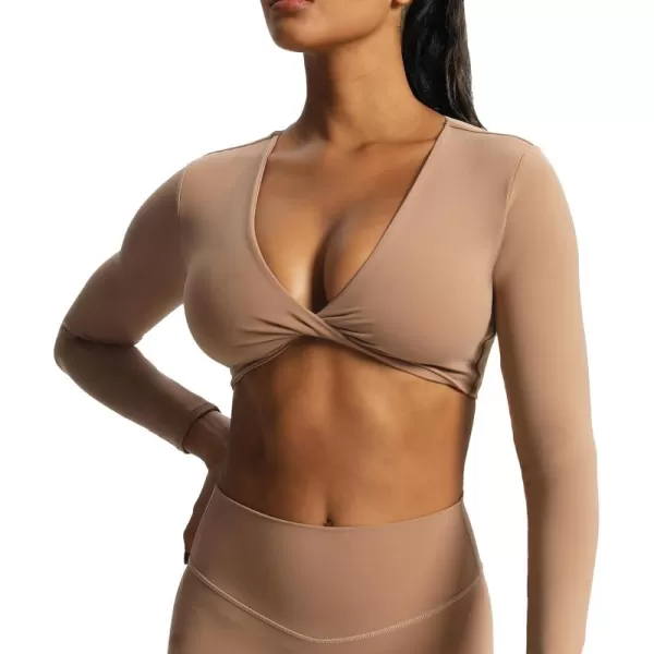 Aoxjox Long Sleeve Crop Tops for Women Sienna Twist Deep V Workout Crop T Shirt TopBrownie