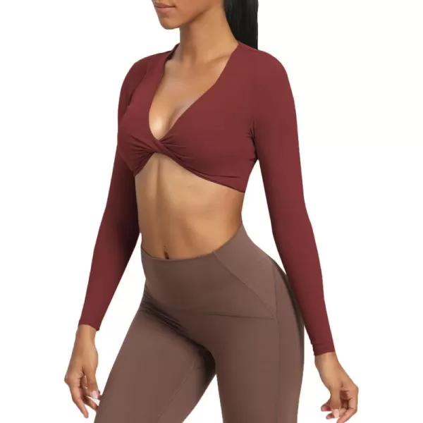 Aoxjox Long Sleeve Crop Tops for Women Sienna Twist Deep V Workout Crop T Shirt TopBurgundy Reddish Brown