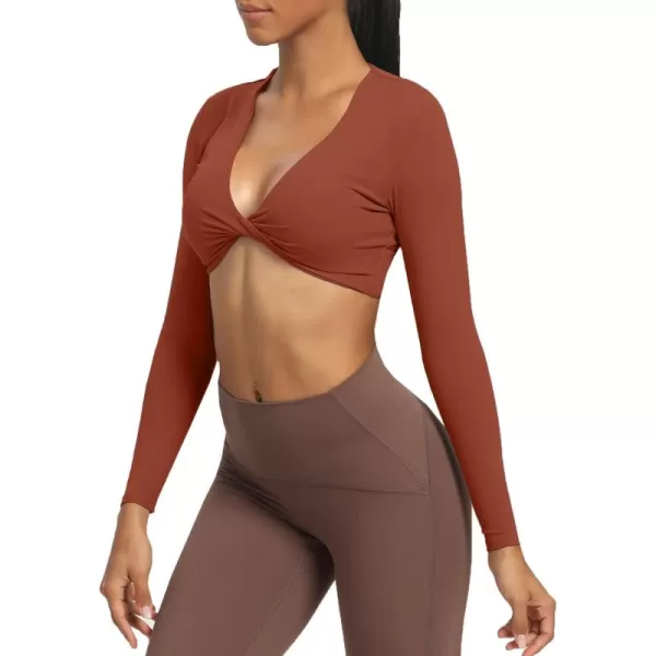 Aoxjox Long Sleeve Crop Tops for Women Sienna Twist Deep V Workout Crop T Shirt TopCherry Mahogany