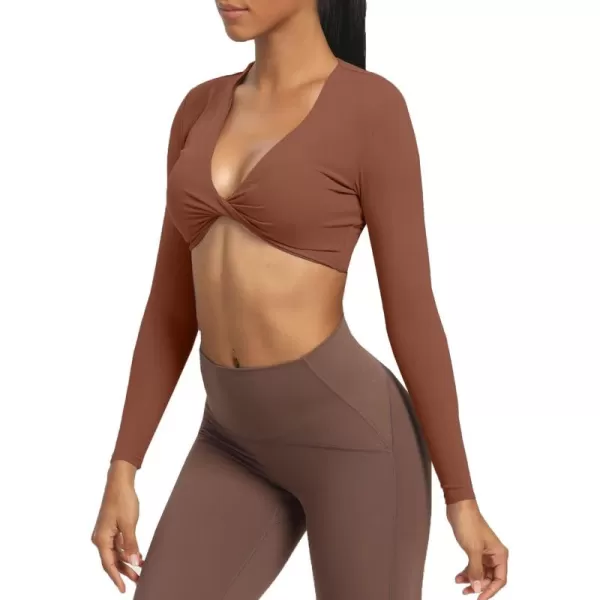 Aoxjox Long Sleeve Crop Tops for Women Sienna Twist Deep V Workout Crop T Shirt TopDandelion Brown