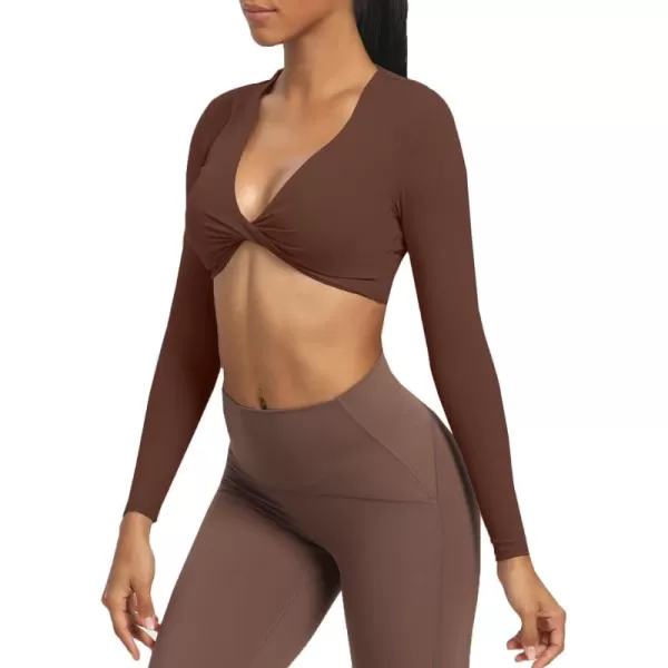 Aoxjox Long Sleeve Crop Tops for Women Sienna Twist Deep V Workout Crop T Shirt TopDark Brown