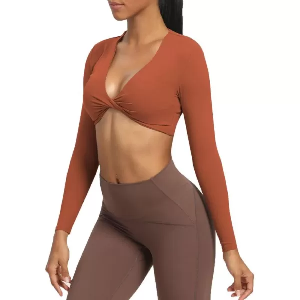 Aoxjox Long Sleeve Crop Tops for Women Sienna Twist Deep V Workout Crop T Shirt TopEarthy Brown