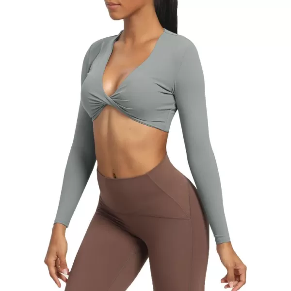 Aoxjox Long Sleeve Crop Tops for Women Sienna Twist Deep V Workout Crop T Shirt TopGrey
