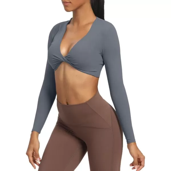 Aoxjox Long Sleeve Crop Tops for Women Sienna Twist Deep V Workout Crop T Shirt TopIron Grey