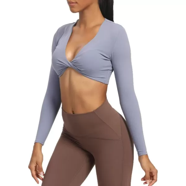 Aoxjox Long Sleeve Crop Tops for Women Sienna Twist Deep V Workout Crop T Shirt TopLazuli