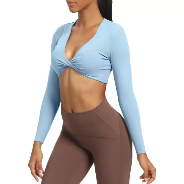 Aoxjox Long Sleeve Crop Tops for Women Sienna Twist Deep V Workout Crop T Shirt TopLight Blue