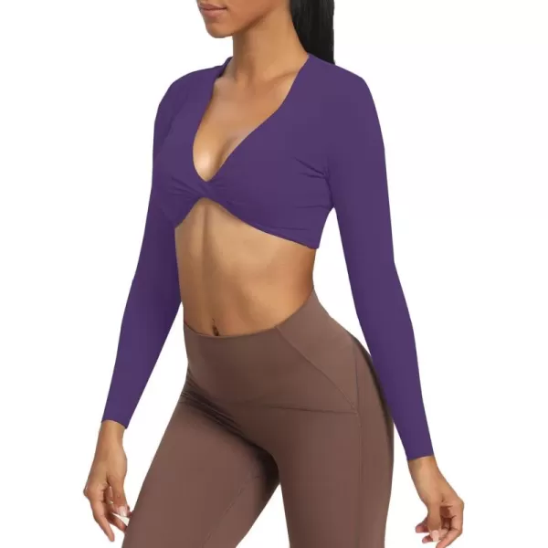 Aoxjox Long Sleeve Crop Tops for Women Sienna Twist Deep V Workout Crop T Shirt TopMulberry Purple