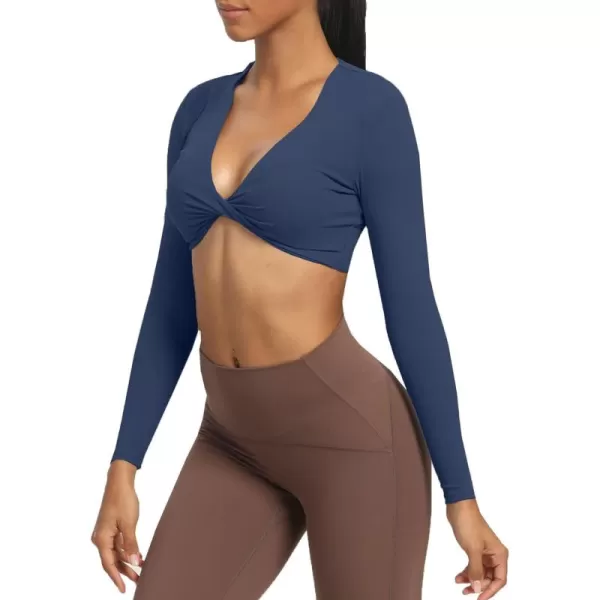 Aoxjox Long Sleeve Crop Tops for Women Sienna Twist Deep V Workout Crop T Shirt TopNavy