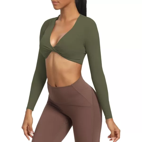 Aoxjox Long Sleeve Crop Tops for Women Sienna Twist Deep V Workout Crop T Shirt TopOlive Green