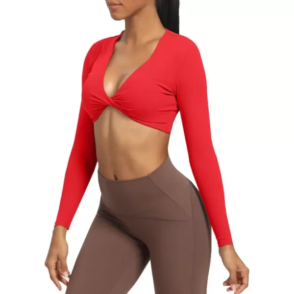 Aoxjox Long Sleeve Crop Tops for Women Sienna Twist Deep V Workout Crop T Shirt TopRacing Red