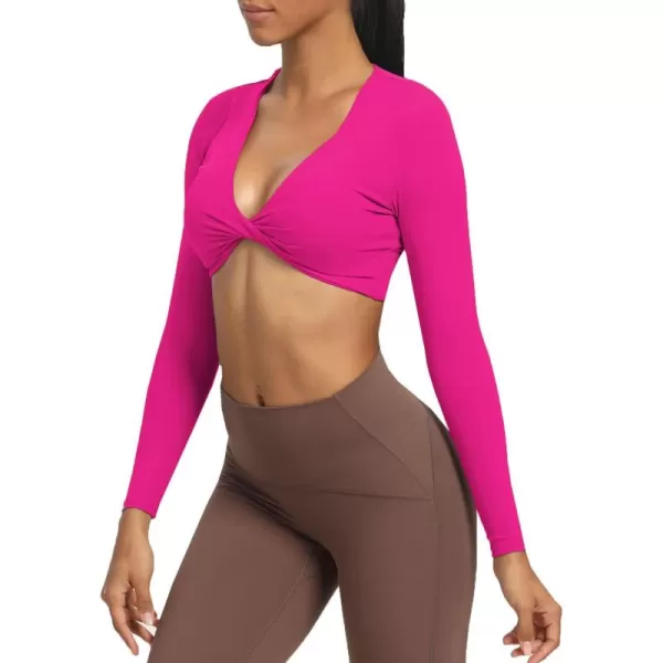 Aoxjox Long Sleeve Crop Tops for Women Sienna Twist Deep V Workout Crop T Shirt TopRose Red