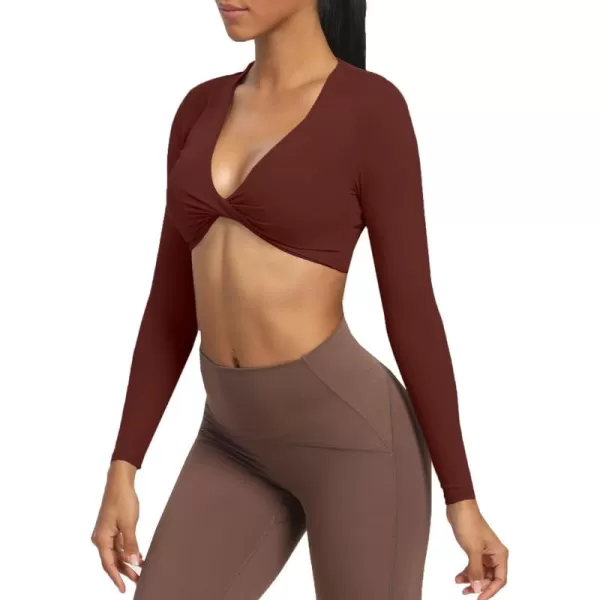 Aoxjox Long Sleeve Crop Tops for Women Sienna Twist Deep V Workout Crop T Shirt TopRum Raisin