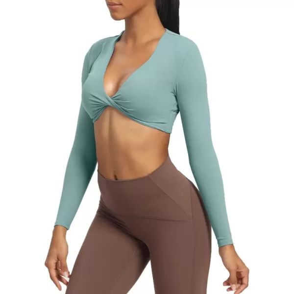 Aoxjox Long Sleeve Crop Tops for Women Sienna Twist Deep V Workout Crop T Shirt TopSage Green