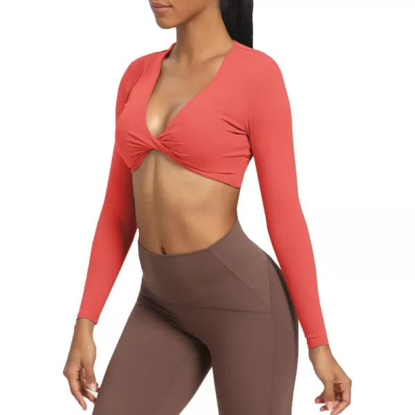 Aoxjox Long Sleeve Crop Tops for Women Sienna Twist Deep V Workout Crop T Shirt TopSpiced Coral