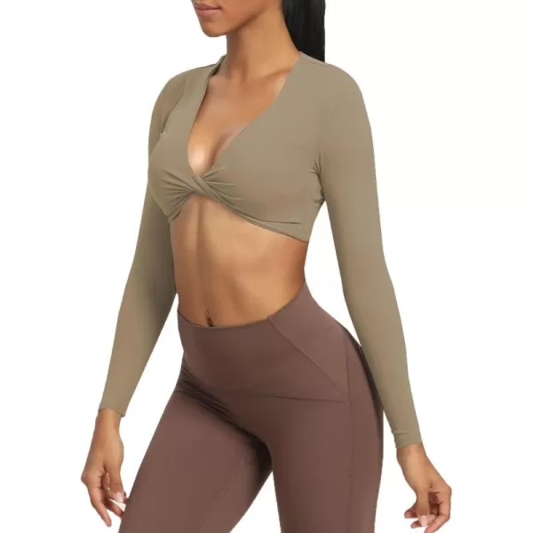 Aoxjox Long Sleeve Crop Tops for Women Sienna Twist Deep V Workout Crop T Shirt TopTaupe