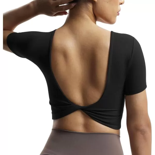 Aoxjox Short Sleeve Crop Tops for Women Emma Backless Twist Back Workout Crop T Shirt TopBlack