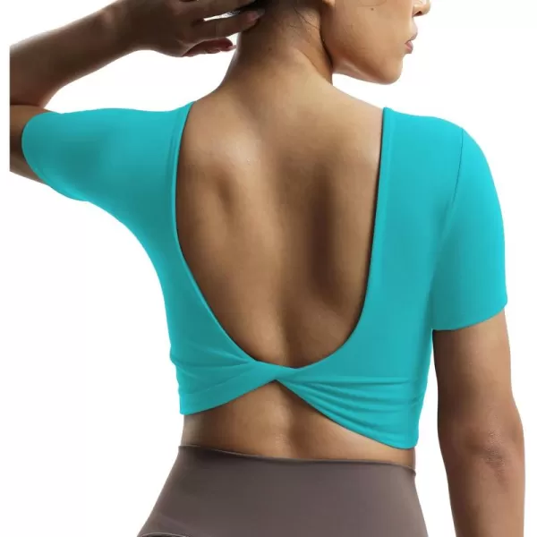 Aoxjox Short Sleeve Crop Tops for Women Emma Backless Twist Back Workout Crop T Shirt TopCascade Blue