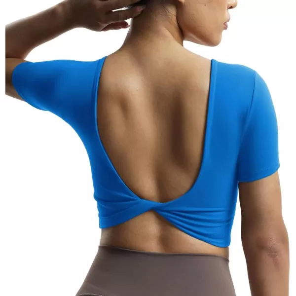 Aoxjox Short Sleeve Crop Tops for Women Emma Backless Twist Back Workout Crop T Shirt TopDirectoire Blue