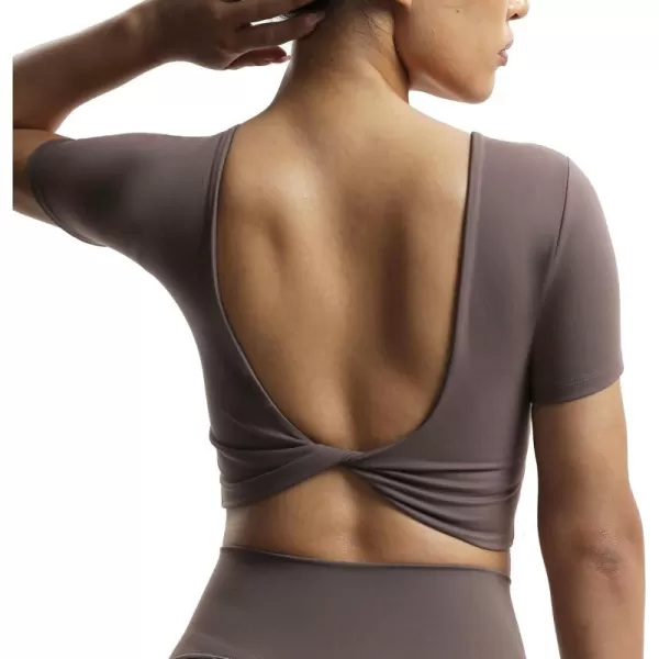 Aoxjox Short Sleeve Crop Tops for Women Emma Backless Twist Back Workout Crop T Shirt TopFudge Coffee