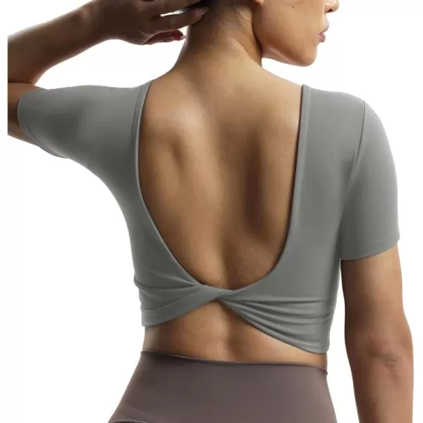 Aoxjox Short Sleeve Crop Tops for Women Emma Backless Twist Back Workout Crop T Shirt TopGrey