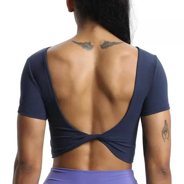 Aoxjox Short Sleeve Crop Tops for Women Emma Backless Twist Back Workout Crop T Shirt TopNavy