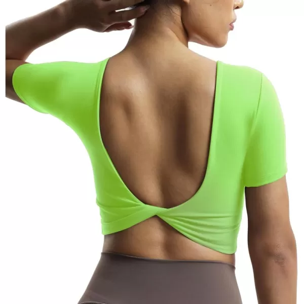 Aoxjox Short Sleeve Crop Tops for Women Emma Backless Twist Back Workout Crop T Shirt TopParadise Green