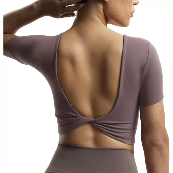 Aoxjox Short Sleeve Crop Tops for Women Emma Backless Twist Back Workout Crop T Shirt TopPlum Truffle
