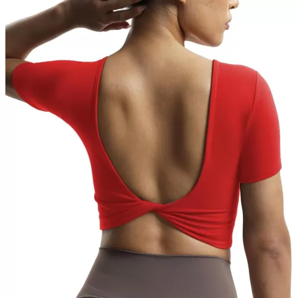 Aoxjox Short Sleeve Crop Tops for Women Emma Backless Twist Back Workout Crop T Shirt TopRacing Red