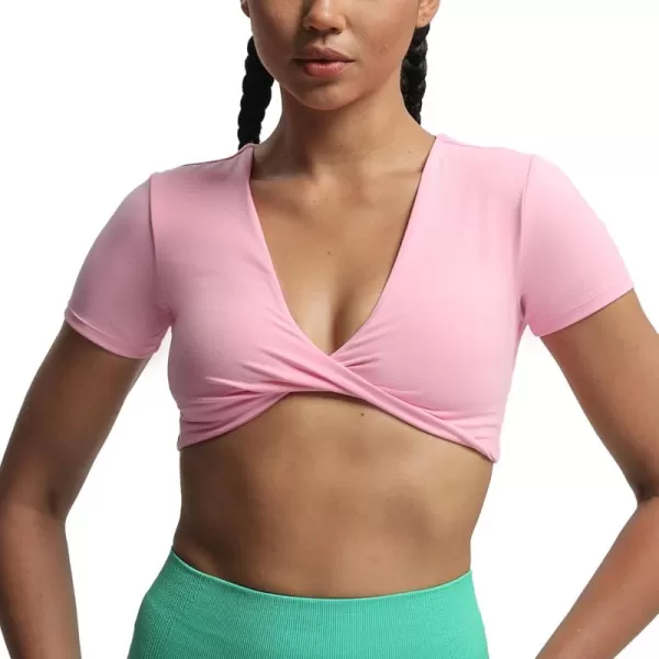 Aoxjox Short Sleeve Crop Tops for Women Sienna Twist Deep V Workout Crop T Shirt TopPrism Pink