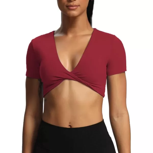 Aoxjox Short Sleeve Crop Tops for Women Sienna Twist Deep V Workout Crop T Shirt TopRumba Red