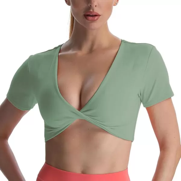 Aoxjox Short Sleeve Crop Tops for Women Sienna Twist Deep V Workout Crop T Shirt TopSage Green