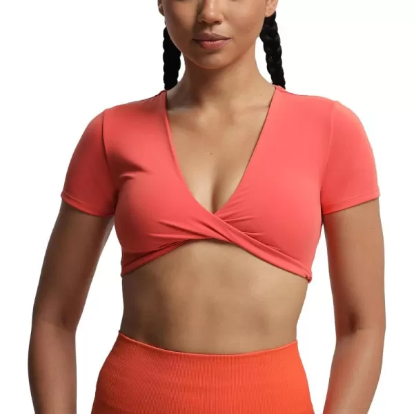 Aoxjox Short Sleeve Crop Tops for Women Sienna Twist Deep V Workout Crop T Shirt TopSpiced Coral