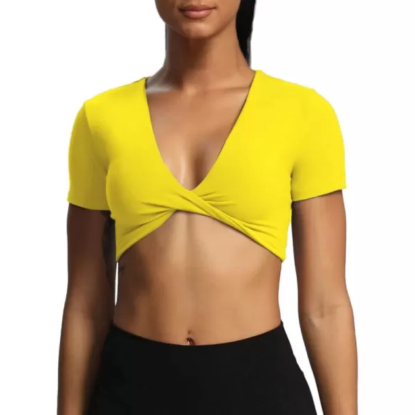 Aoxjox Short Sleeve Crop Tops for Women Sienna Twist Deep V Workout Crop T Shirt TopVibrant Yellow