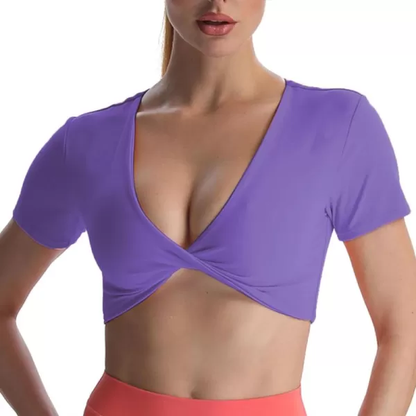Aoxjox Short Sleeve Crop Tops for Women Sienna Twist Deep V Workout Crop T Shirt TopViolet