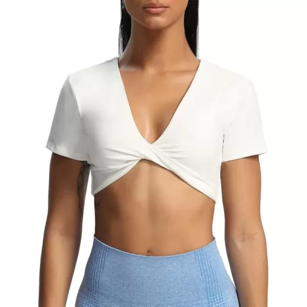 Aoxjox Short Sleeve Crop Tops for Women Sienna Twist Deep V Workout Crop T Shirt TopWhite