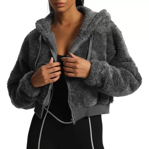 Aoxjox Womens Winter Hoodies Zipper Oversized Fuzzy Teddy Fleece Sweater SweatshirtIron Grey