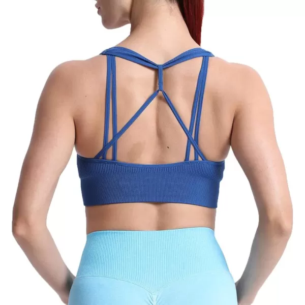 Aoxjox Womens Workout Ribbed Seamless Sports Bras Fitness Running Yoga Crop Tank TopSet Sail Blue