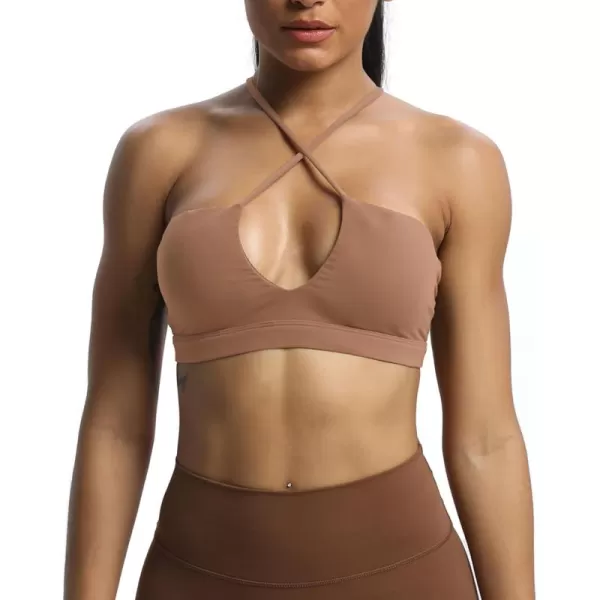 Aoxjox Womens Workout Sports Bras Jamie Deep V Fitness Backless Padded Training Gym Bra Yoga Crop Tank TopBrownie