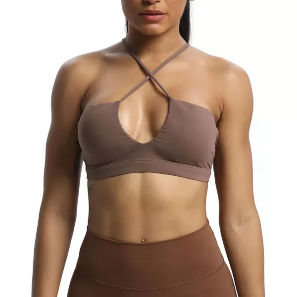 Aoxjox Womens Workout Sports Bras Jamie Deep V Fitness Backless Padded Training Gym Bra Yoga Crop Tank TopFudge Coffee