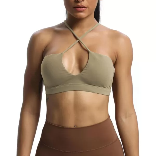 Aoxjox Womens Workout Sports Bras Jamie Deep V Fitness Backless Padded Training Gym Bra Yoga Crop Tank TopTaupe