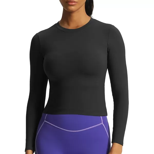 Aoxjox Long Sleeve Crop Top Crop Lengths for Women Classic Longline Workout Crop T Shirt Top Crop LengthBlack