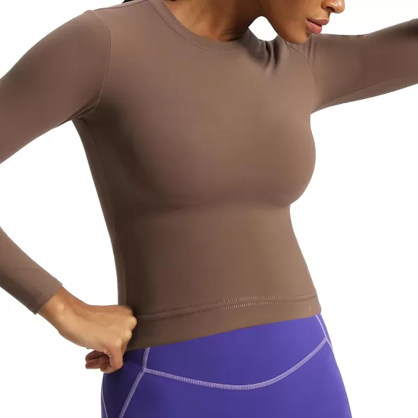 Aoxjox Long Sleeve Crop Top Crop Lengths for Women Classic Longline Workout Crop T Shirt Top Crop LengthFudge Coffee