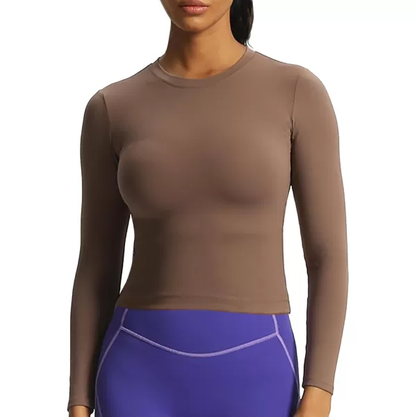 Aoxjox Long Sleeve Crop Top Crop Lengths for Women Classic Longline Workout Crop T Shirt Top Crop LengthFudge Coffee