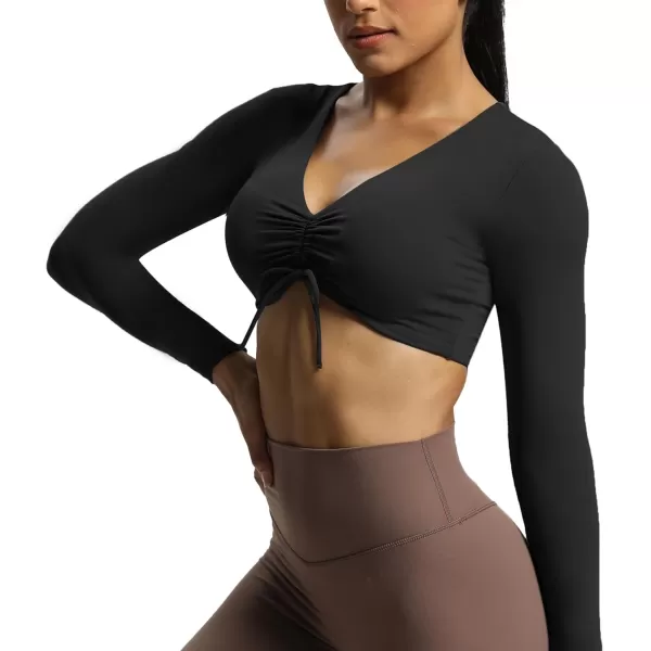 Aoxjox Long Sleeve Crop Tops for Women Betty Ruched V Neck Workout Crop T Shirt TopBlack