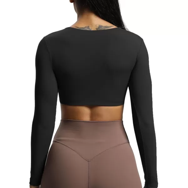 Aoxjox Long Sleeve Crop Tops for Women Betty Ruched V Neck Workout Crop T Shirt TopBlack