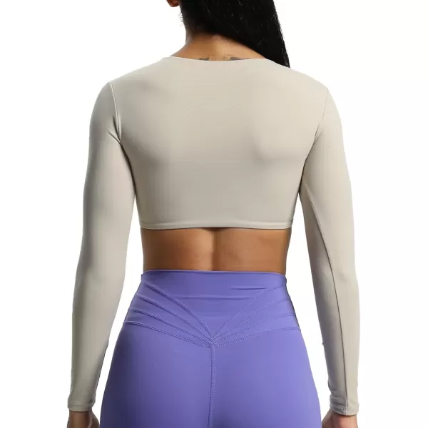 Aoxjox Long Sleeve Crop Tops for Women Betty Ruched V Neck Workout Crop T Shirt TopMink