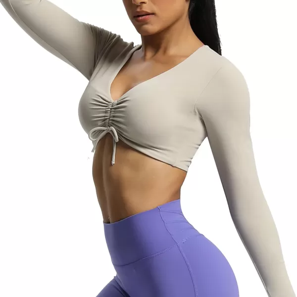 Aoxjox Long Sleeve Crop Tops for Women Betty Ruched V Neck Workout Crop T Shirt TopMink